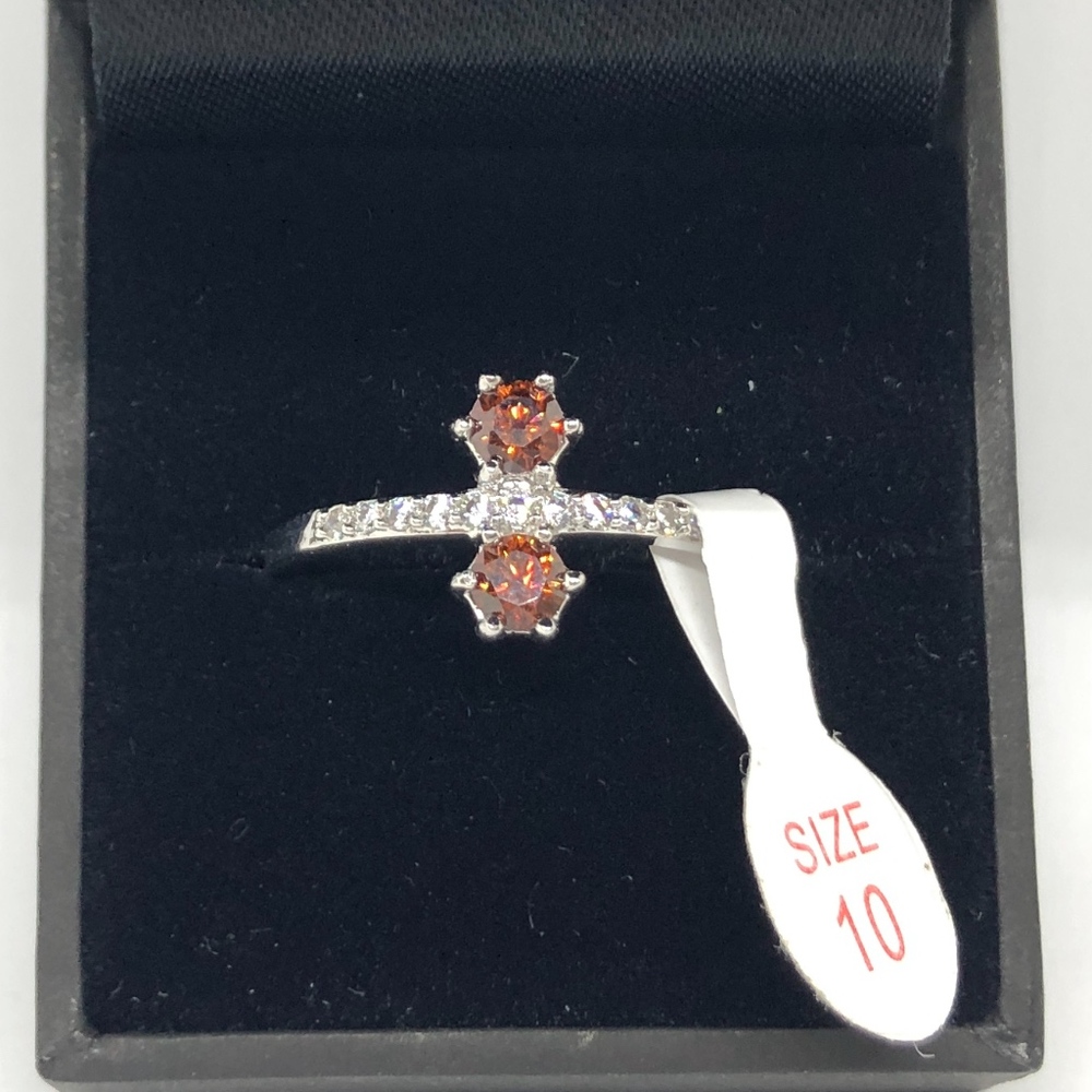 Orange Brown & Clear Simulated Stone Ring,  Silver Tone, Size 10 Dainty Ring